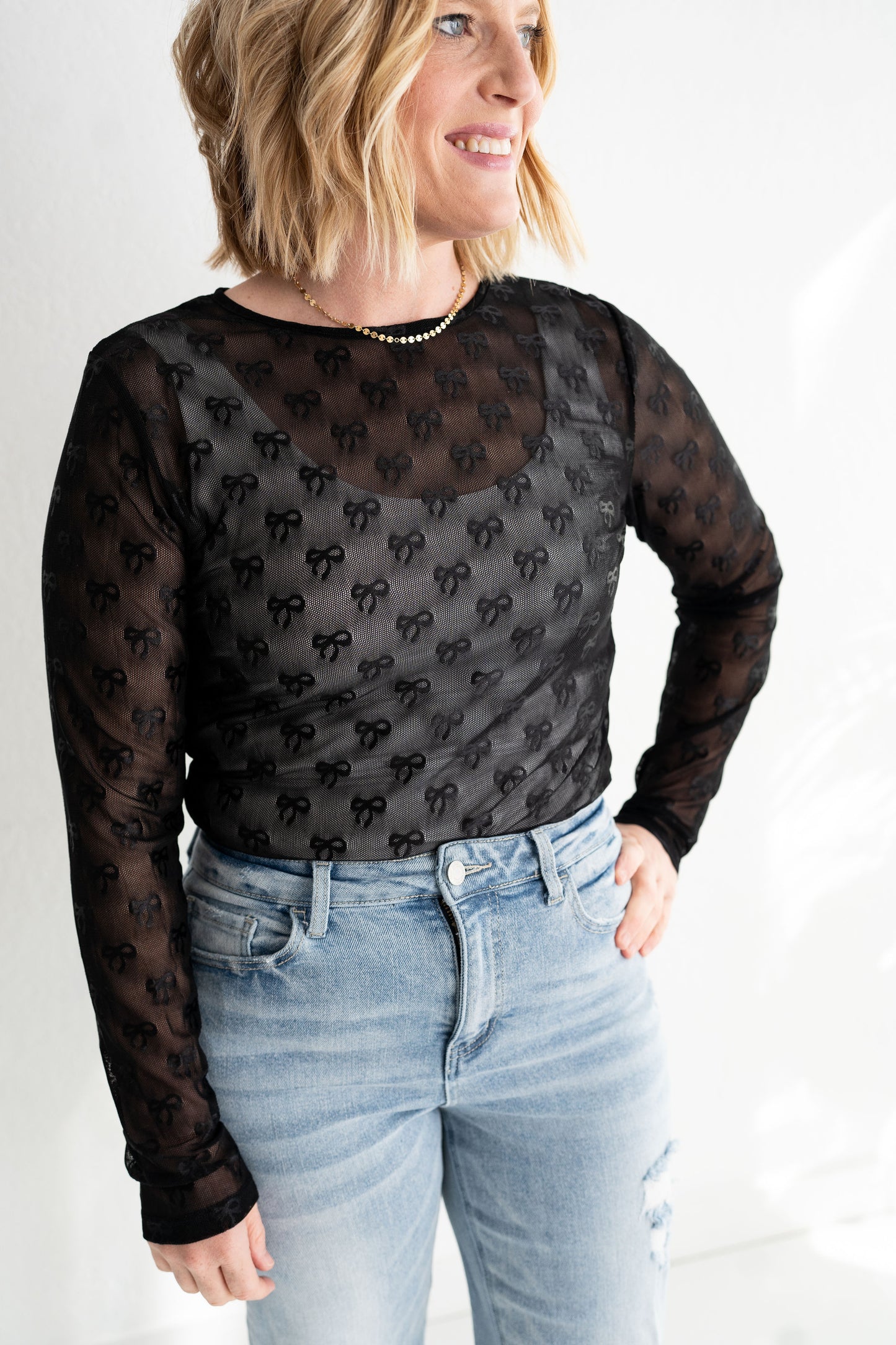 Black Sheer Bow Detail Mesh Top