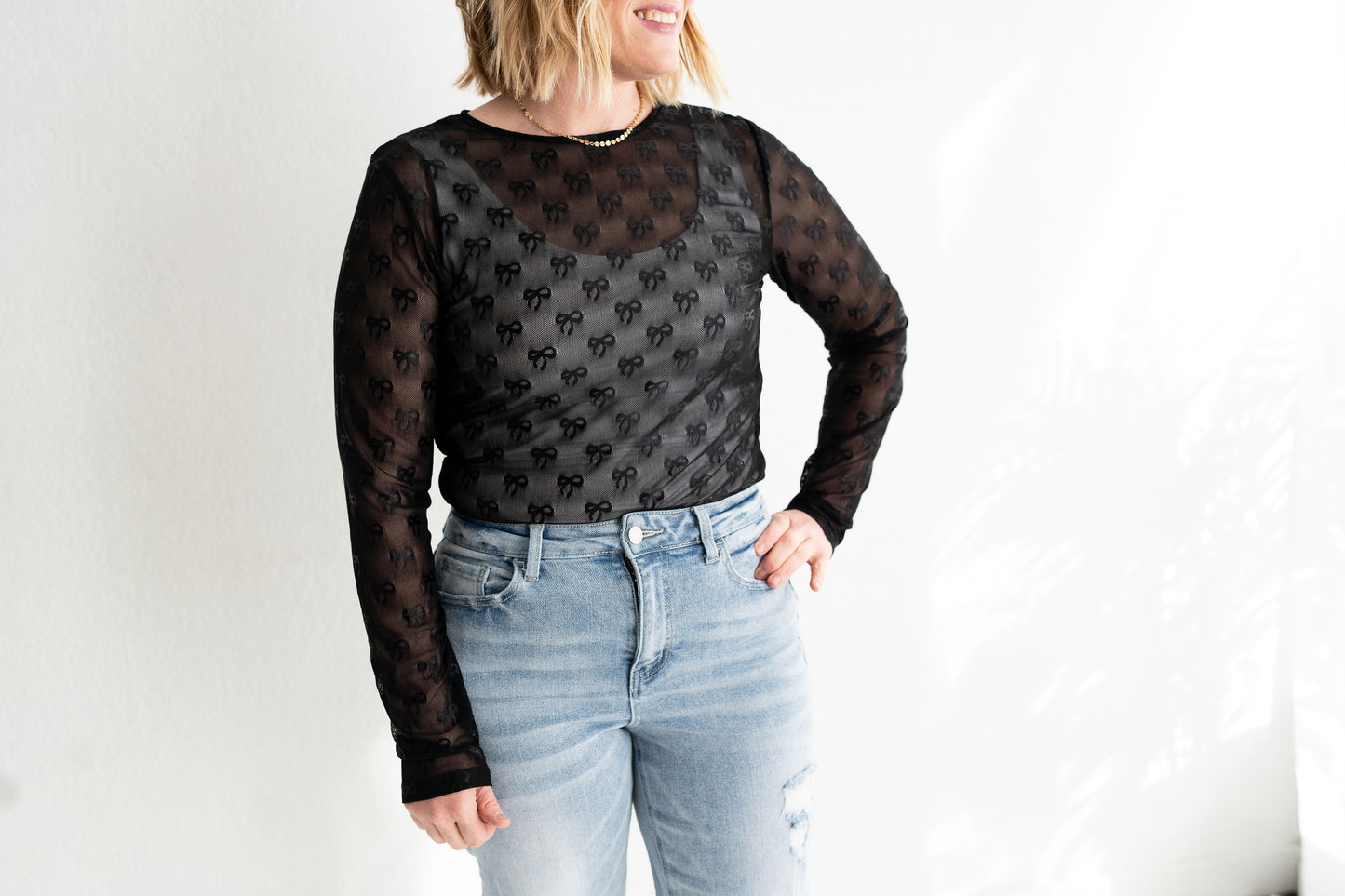 Black Bow Mesh Long Sleeve Top | Sugar & Sheer