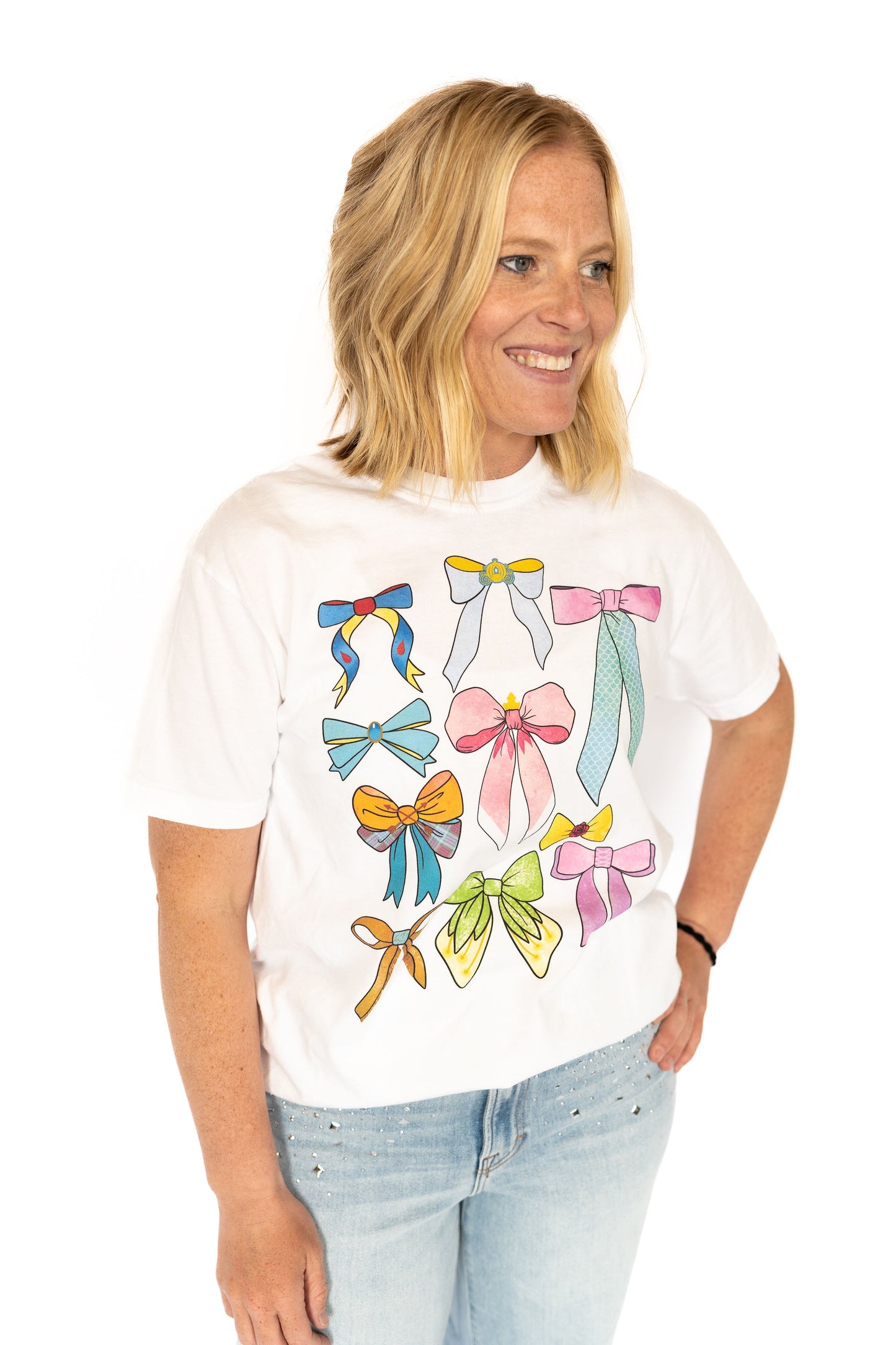 Princess inspired bows tee, Soft comfy fit perfect for chasing kids or coffee, Adorable bow graphic with subtle princess vibes, Coordinates with toddler & youth sizes for the cutest matching moment, Lightweight, breathable cotton