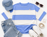 Zenana French Terry Striped Exposed Seam Top-Cornflower Blue | Women's