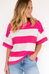 Zenana French Terry Striped Exposed Seam Top-Hot Pink | Women's