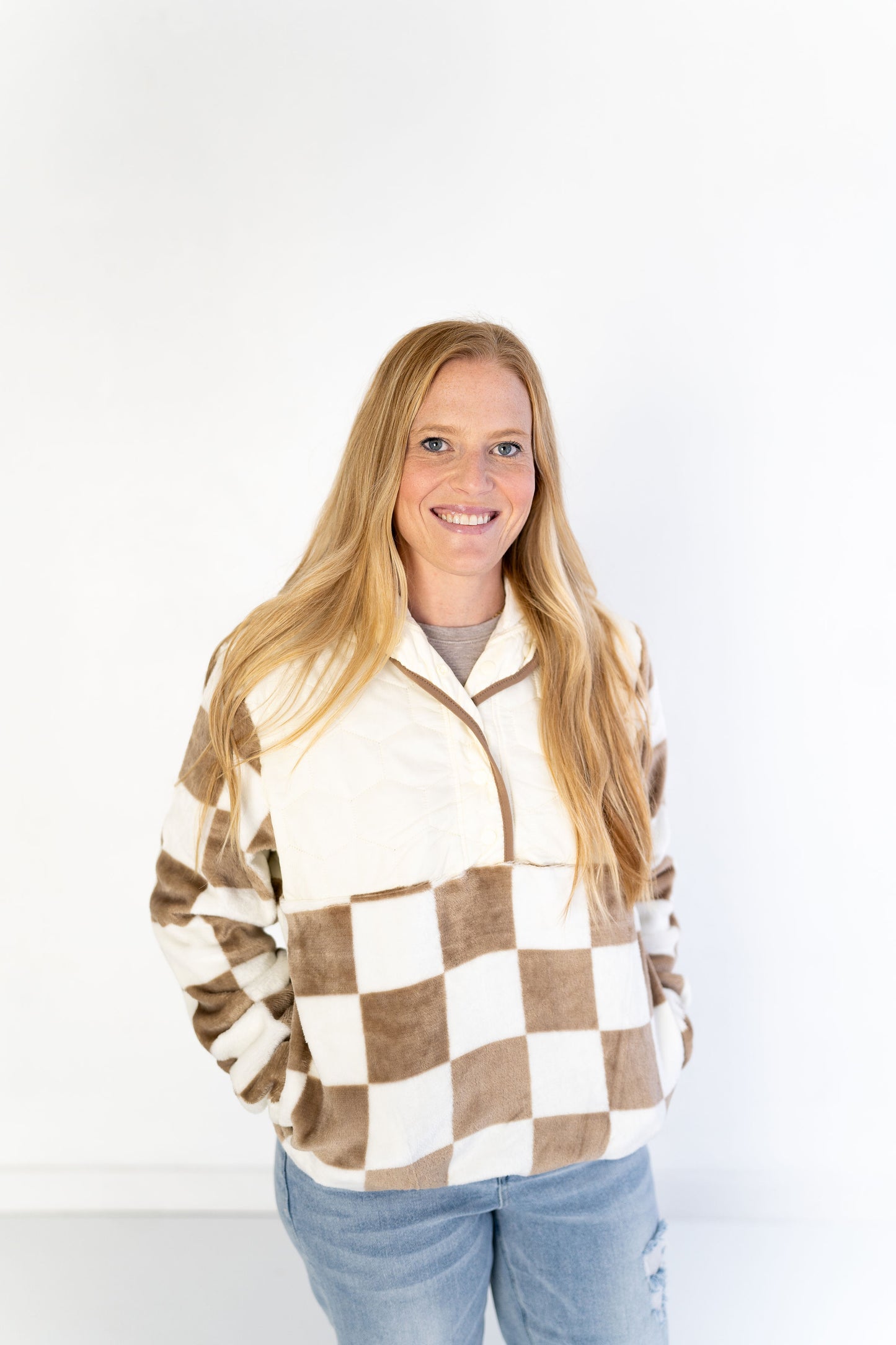 Womens Checkered Fleece Snap Hoodie