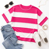 Zenana French Terry Striped Exposed Seam Top-Hot Pink | Women's