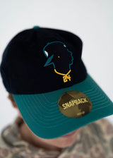 Boy wearing a hat with a silhouette of a baseball player and a gold chain with number 24.