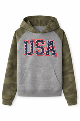 Youth hoodie with grey body, green camo sleeves and hood, and navy chenille-style “USA” lettering with red and white outline on a white background