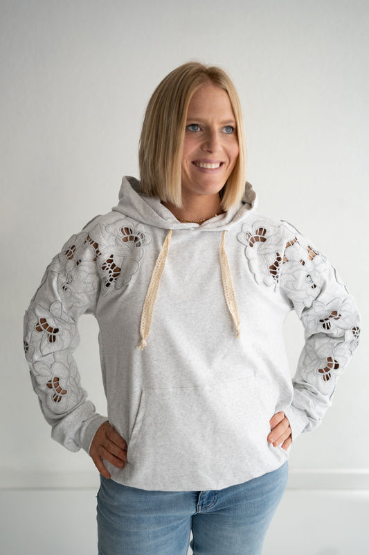 Gray hoodie with gorgeous petal detail and cut outs on sleeves