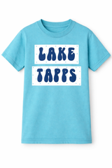 Youth baby blue t-shirt with navy “Lake Tapps” graphic inside white rectangles with small blue polka dot accents on a white background
