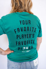 Teal baseball themed graphic t-shirt with bubble gum cartoon face and gold chain number 24 streetwear tee