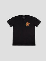 front view of Baseballism Bullpen black t-shirt with vintage orange baseball graphic