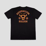 Baseballism Bullpen black t-shirt with orange bull logo baseball graphic – back view