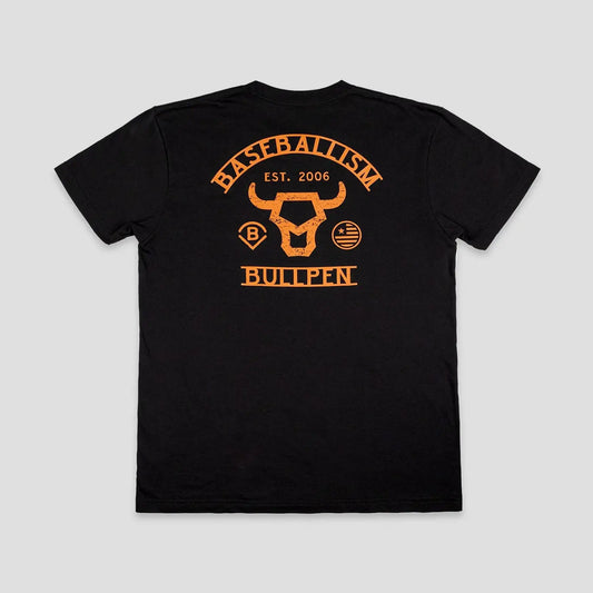 Baseballism Bullpen black t-shirt with orange bull logo baseball graphic – back view