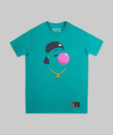 Trendy teal graphic t-shirt with bubble gum face design and gold chain 24 baseball streetwear tee