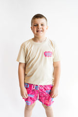 Baseballism Kids cream baseball graphic t-shirt with gumball machine design, pink and blue baseball print tee, fun sporty youth summer outfit top for boys and girls
