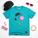Teal baseball graphic t-shirt with bubble gum face and gold 24 chain trendy streetwear baseball tee