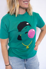 Teal baseball graphic t-shirt with bubble gum face design and gold 24 chain trendy streetwear baseball