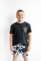 Kids black Baseballism bullpen graphic t-shirt with orange bull logo, baseball themed youth shirt, sporty casual tee for boys and girls
