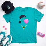 Youth teal bubble gum baseball graphic t shirt with player silhouette and gold 24 chain design