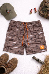 Outdoor duck hunting print shorts with ducks, dogs and marsh pattern lightweight athletic shorts
