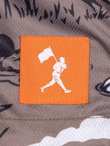 Duck hunting themed athletic shorts with duck and marsh print and bright orange drawstring
