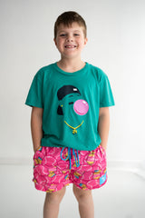 Youth teal bubble gum baseball graphic shirt with pink baseball print shorts summer outfit