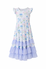 Girls pastel floral tiered maxi dress with lavender ruffles and flutter sleeves
