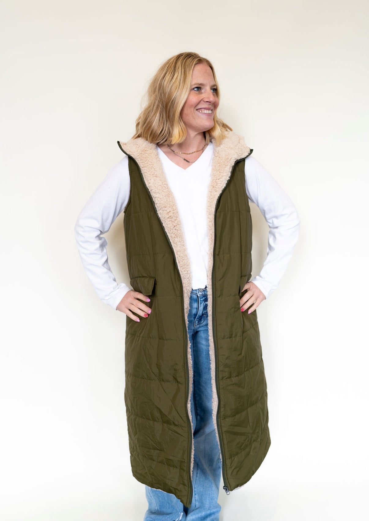 Green, Sherpa, Long, Blakely, Reversible, Puffer vest