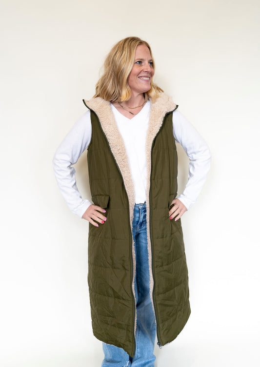 Green, Sherpa, Long, Blakely, Reversible, Puffer vest