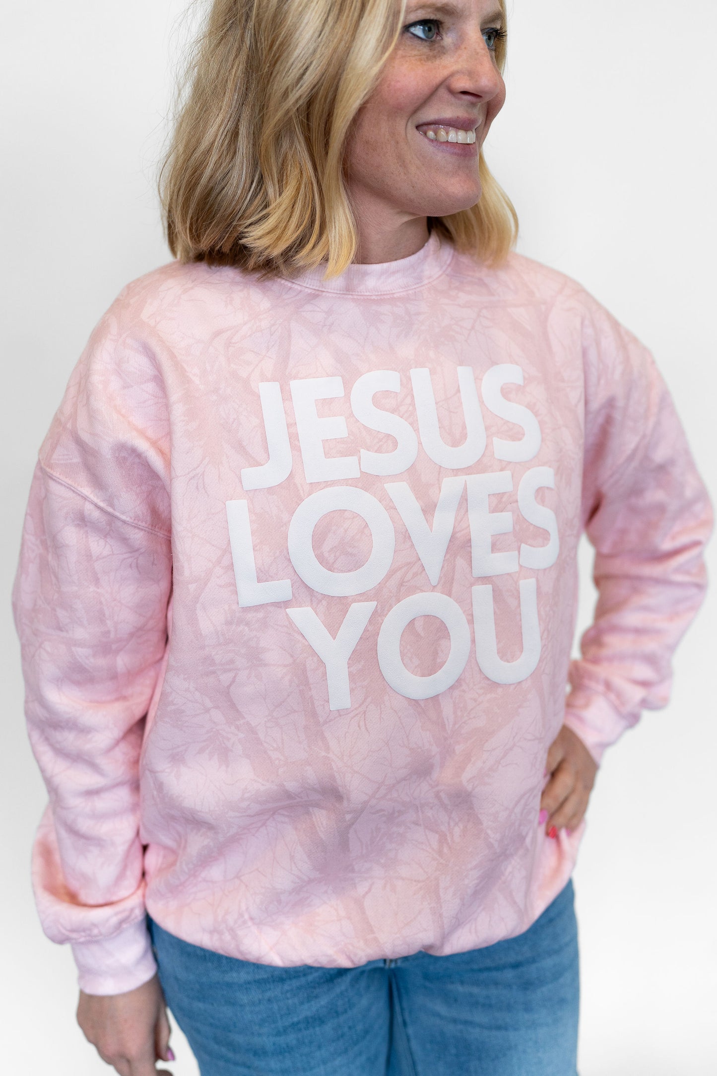 Jesus Loves You Crew-Pink Camo