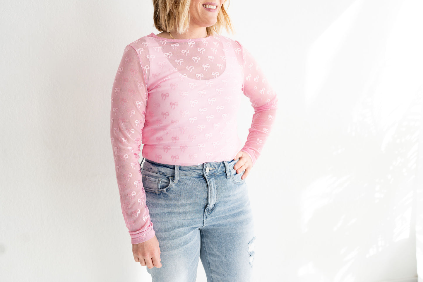 Pink Bow Mesh Long Sleeve Top | Sugar & Sheer