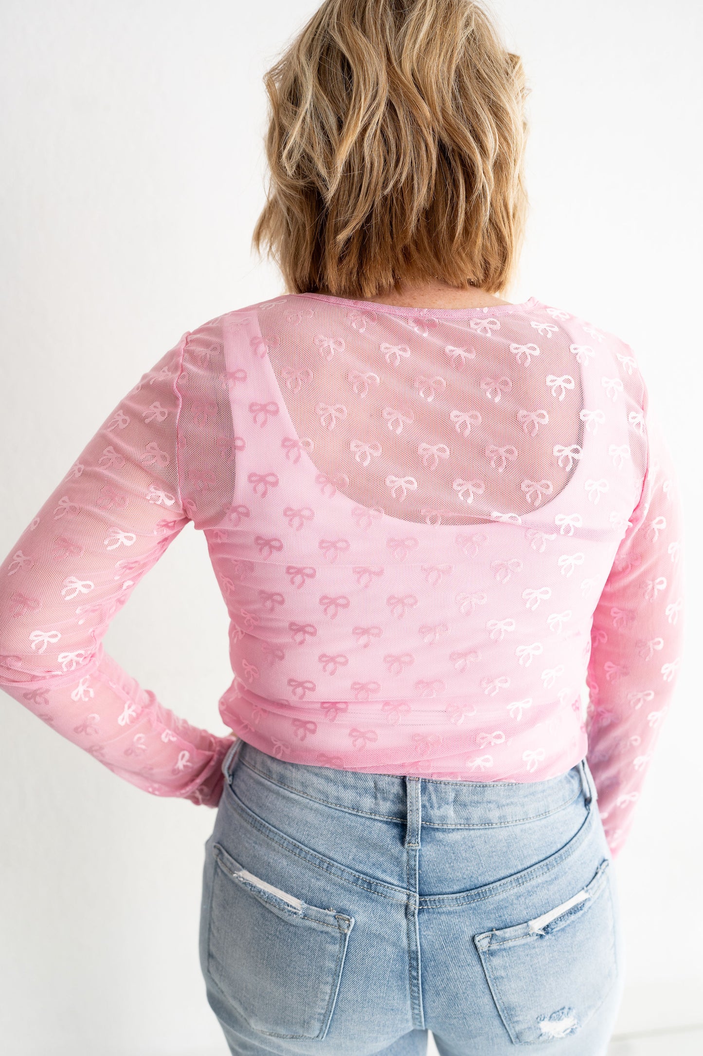 Pink Bow Mesh Long Sleeve Top | Sugar & Sheer