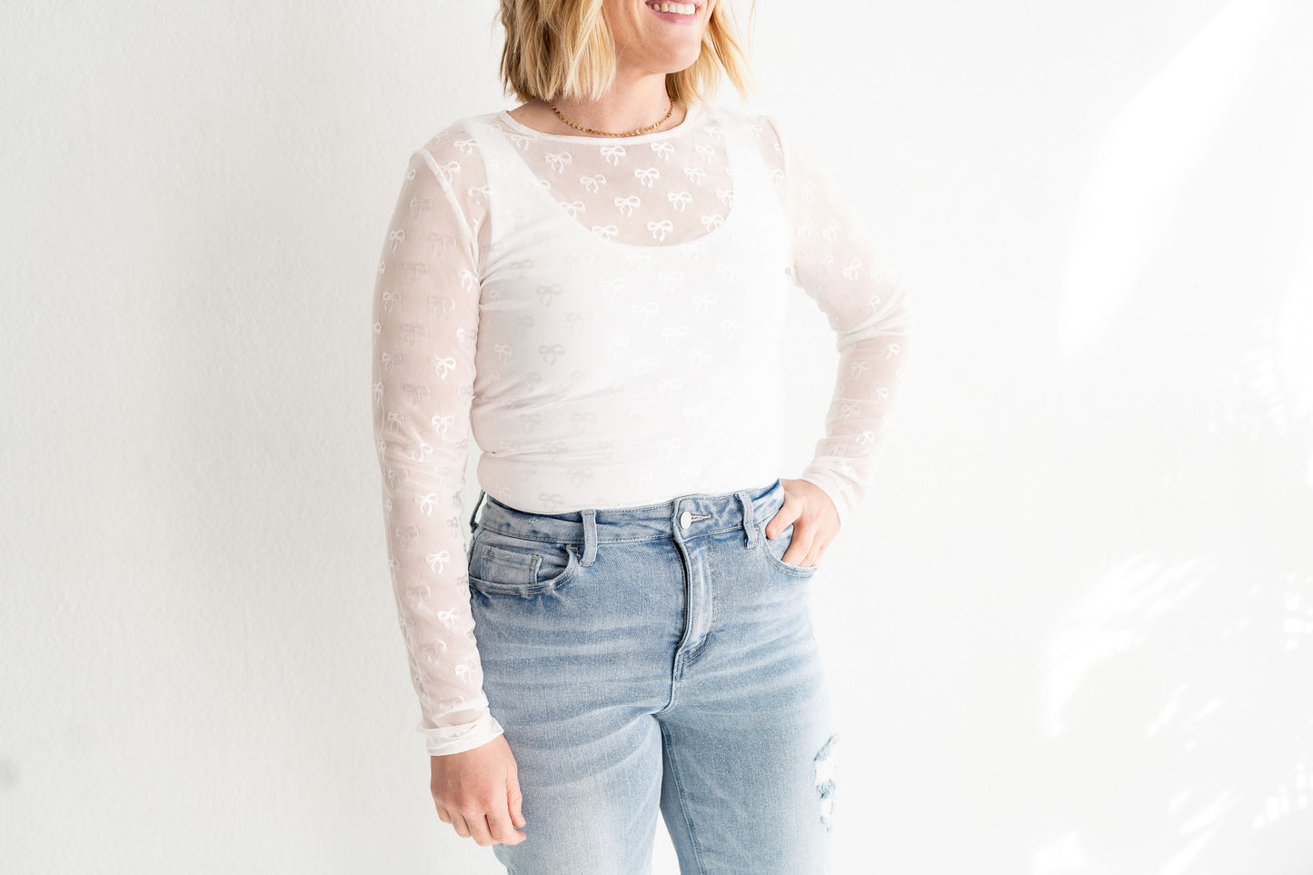 White Bow Mesh Long Sleeve Top | Sugar & Sheer