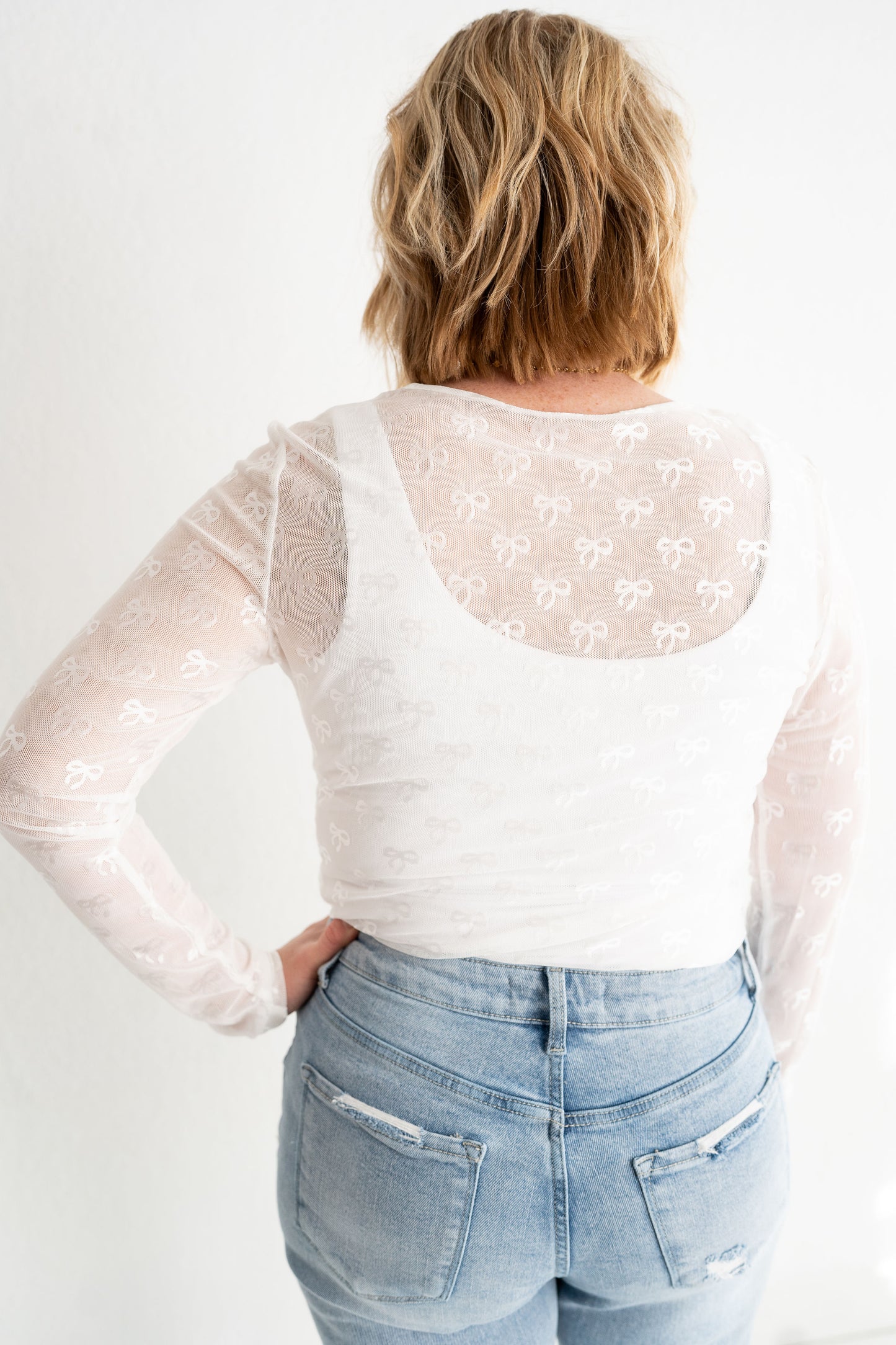 White Bow Mesh Long Sleeve Top | Sugar & Sheer