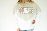 Cougars chenille varsity colorblock sweatshirt in heather gray and white with oversized white COUGARS lettering outlined in maroon.