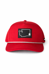 Crimson red snapback hat with black front patch featuring white outline of Washington state and star detail, rope accent on brim, displayed on a white background.