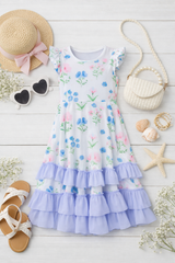 girls garden floral spring ruffle maxi dress with flutter sleeves and lavender tiered ruffles