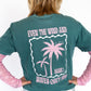 Even the Wind and Waves Obey Him tee, Comfort colors-style deep teal tee, Pink palm tree print on front and back, Inspiring Scripture: Mark 4:41, Relaxed fit, perfect for layering, Faith-forward and effortlessly cool

