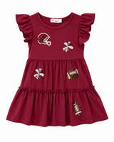 Maroon toddler girls flutter sleeve football dress with sequin football helmet, football, and cheer bow appliqués on a white background.