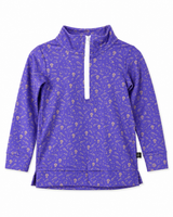 Purple youth quarter-zip athletic pullover with allover football print, white zipper, and long sleeves styled in a flat lay with black athletic shorts, football hat, football, black sneakers, and football accessories on a white background.
