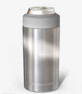 Stainless steel can cooler with silver lid on a white background with logo frost buddy