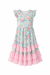 Girls mint floral maxi dress with pink ruffle tiers and flutter sleeves