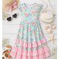 Girl Easter floral tiered maxi dress with flutter sleeves and pink ruffle tiers