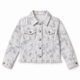 A Childrens light gray and white woodland Camo jacket with a frayed hem, button front, and flap chest pockets, shown on a plain white background.