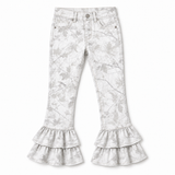 Photo of Girls white and gray woodland print double ruffle hem denim against a white background