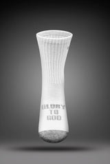 White Pathos sock with 'GLORY TO GOD' text on a gray background
