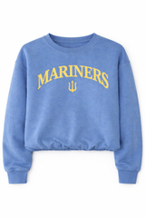 Washed blue long sleeve bubble tee with golden Mariners lettering and trident graphic on a white background