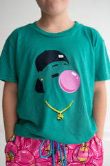 Kids summer baseball outfit teal graphic tee with bubble gum design and pink baseball shorts
