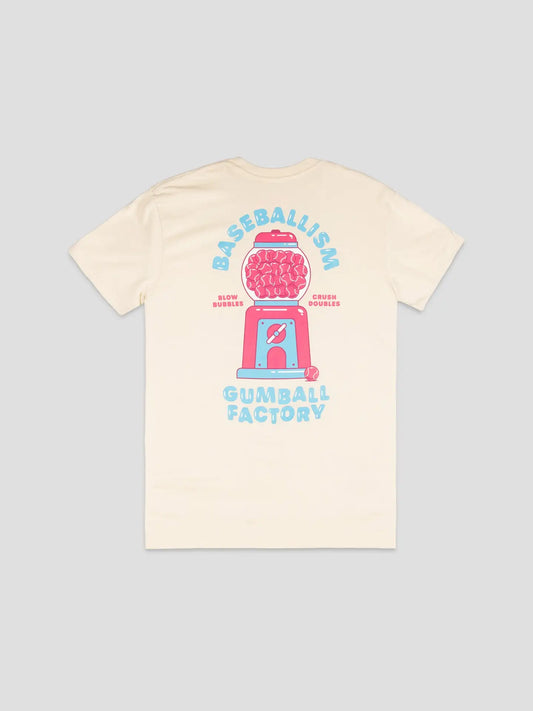 Baseballism Gumball Factory baseball graphic t shirt with vintage gumball machine and Blow Bubbles Crush Doubles design