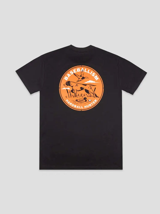 Black Baseballism Hardball Hunter t-shirt with orange dog and duck hunting graphic on back