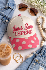 Jesus Saves I Spend pink polka dot brim trucker hat flat lay with denim jacket sunglasses and iced coffee