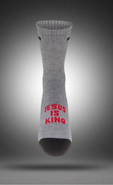 Grey, Black and Red Pathos Christian Crew Socks. Jesus is King text in red with a black toe